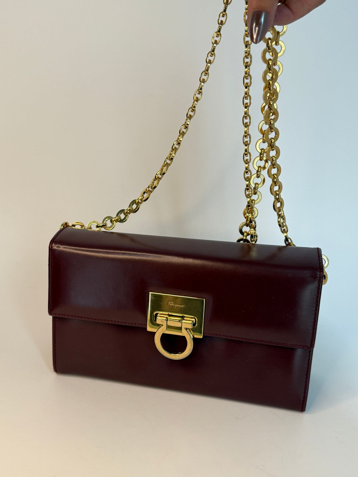 Burgundy Leather Ferragamo Gancini Shoulder Bag