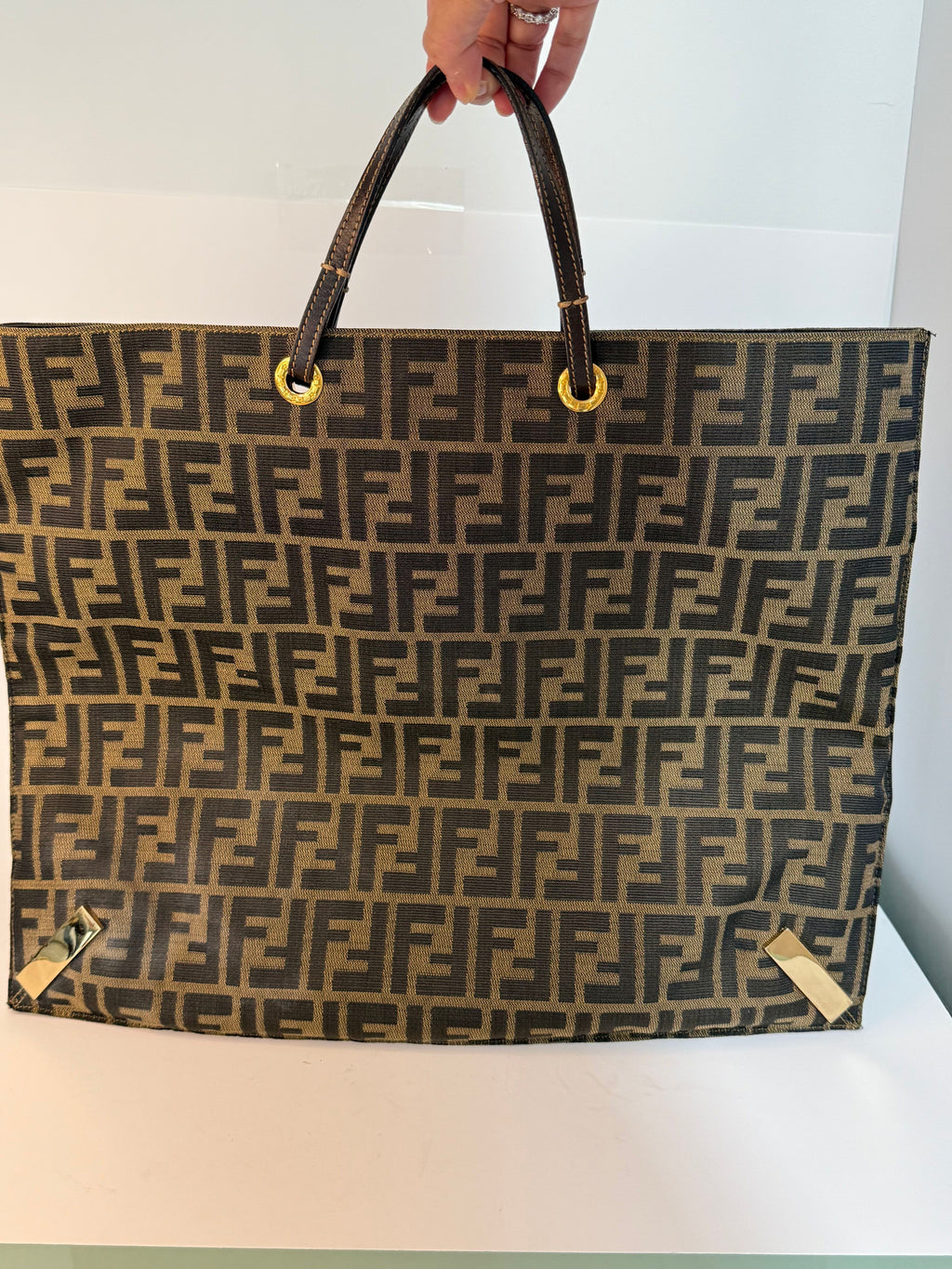 Fendi Canvas Logo FF Mixed Metal Cutout Shopper Bag