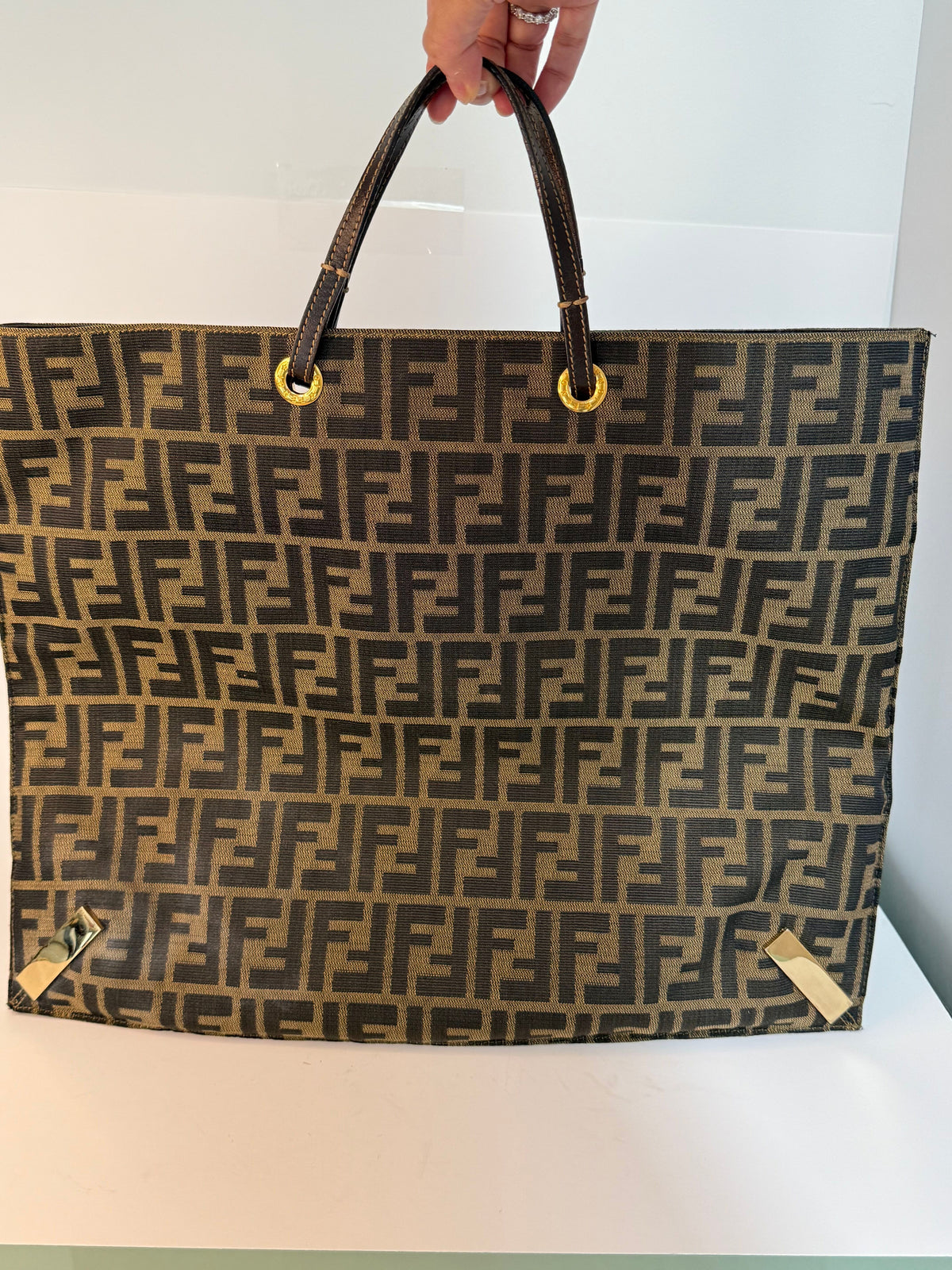 Fendi Canvas Logo FF Mixed Metal Cutout Shopper Bag