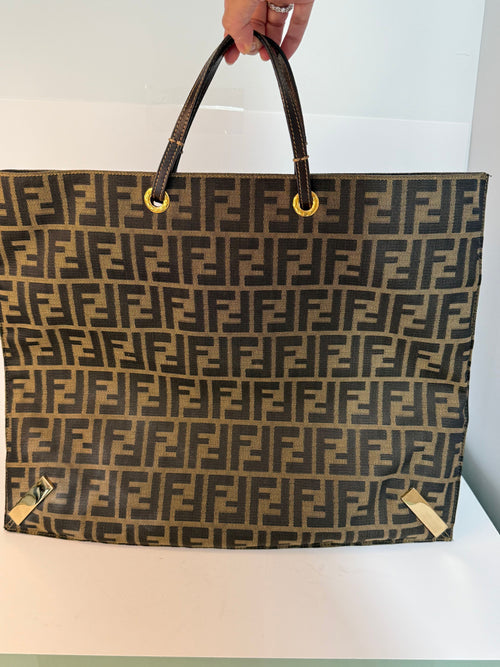 Fendi Canvas Logo FF Mixed Metal Cutout Shopper Bag