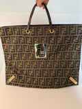 Fendi Canvas Logo FF Mixed Metal Cutout Shopper Bag