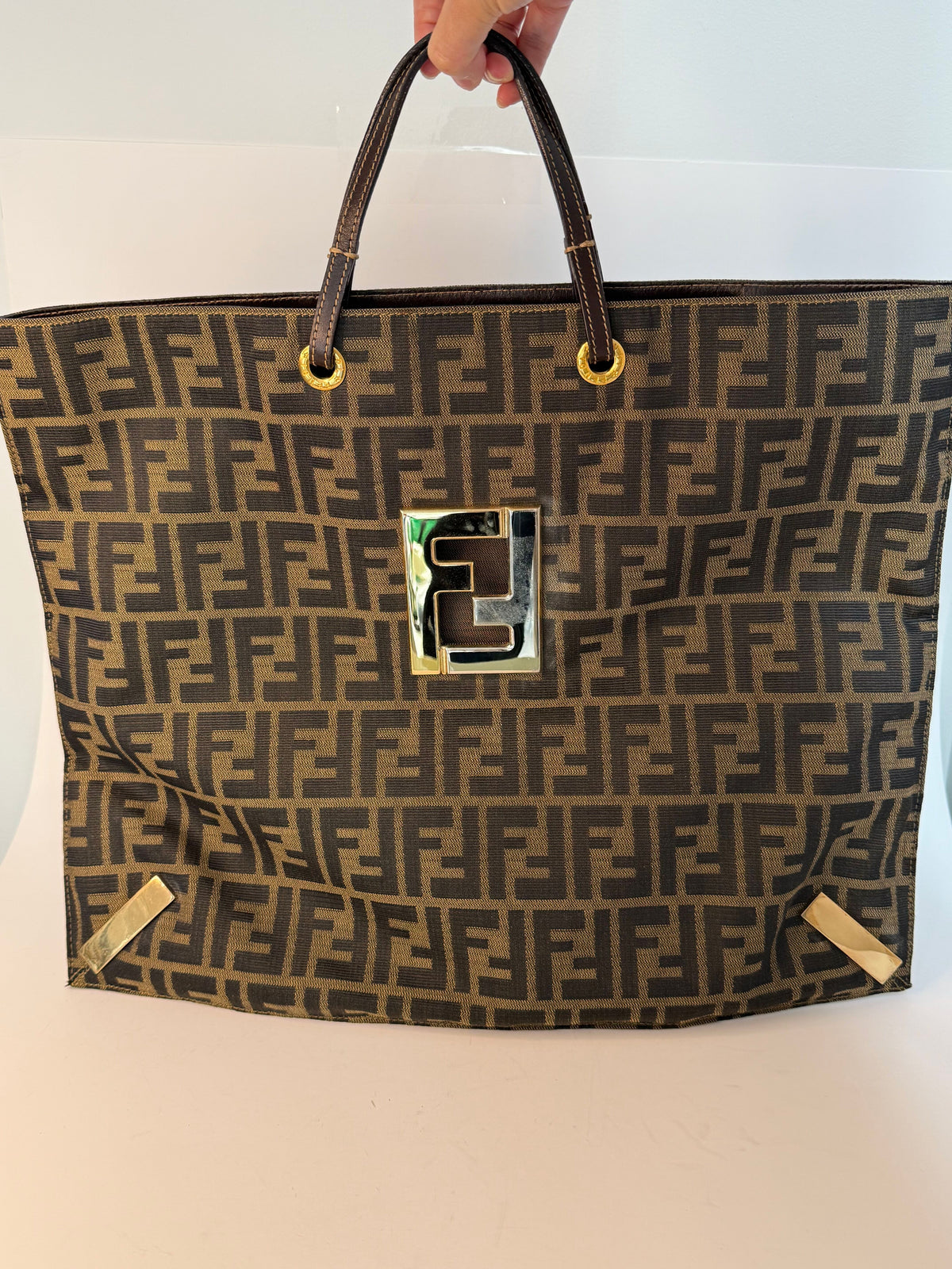 Fendi Canvas Logo FF Mixed Metal Cutout Shopper Bag