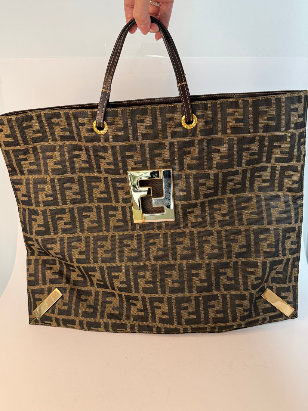 Fendi Canvas Logo FF Mixed Metal Cutout Shopper Bag