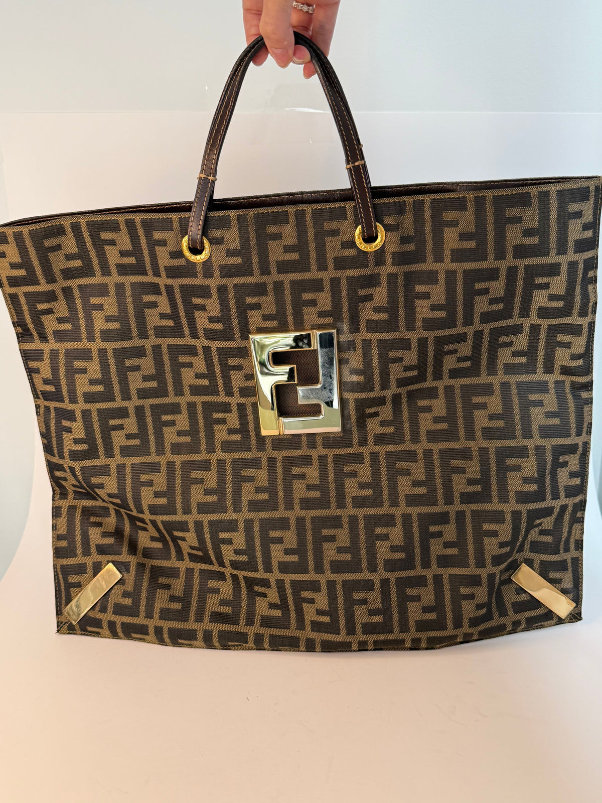 Fendi Canvas Logo FF Mixed Metal Cutout Shopper Bag