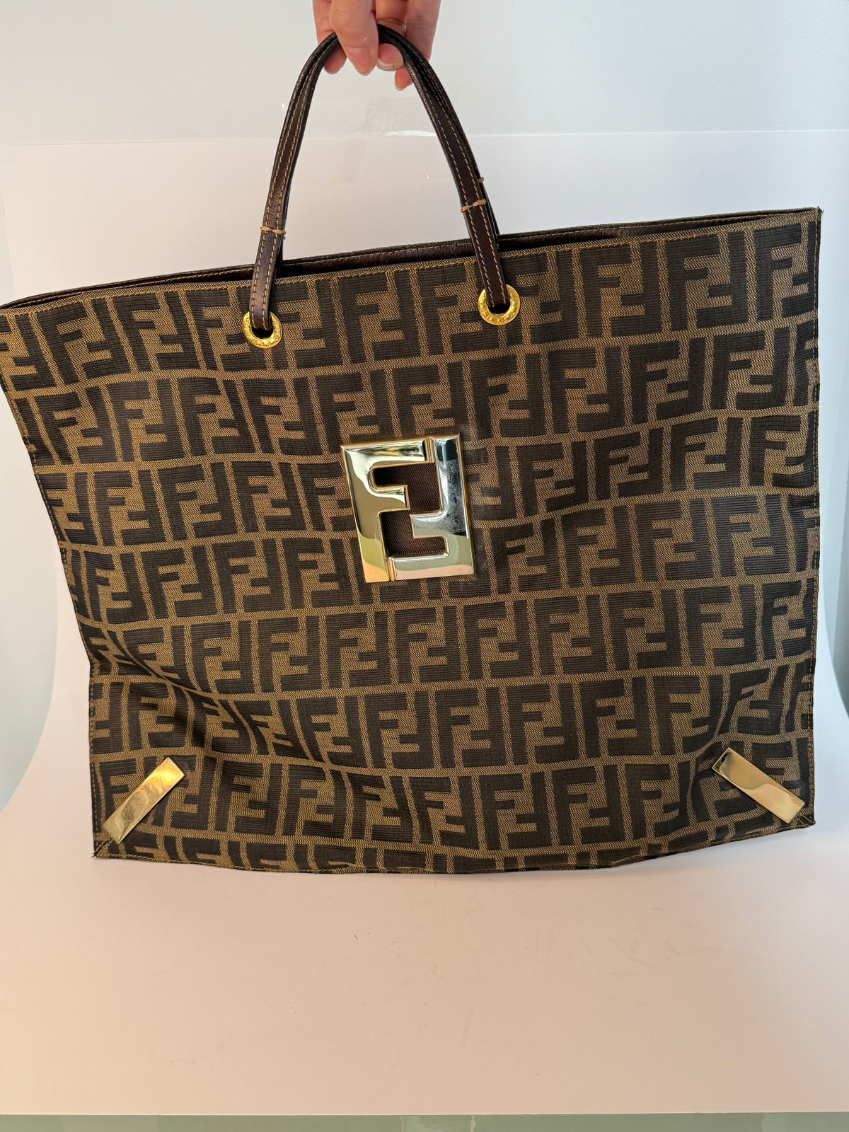 Fendi Canvas Logo FF Mixed Metal Cutout Shopper Bag