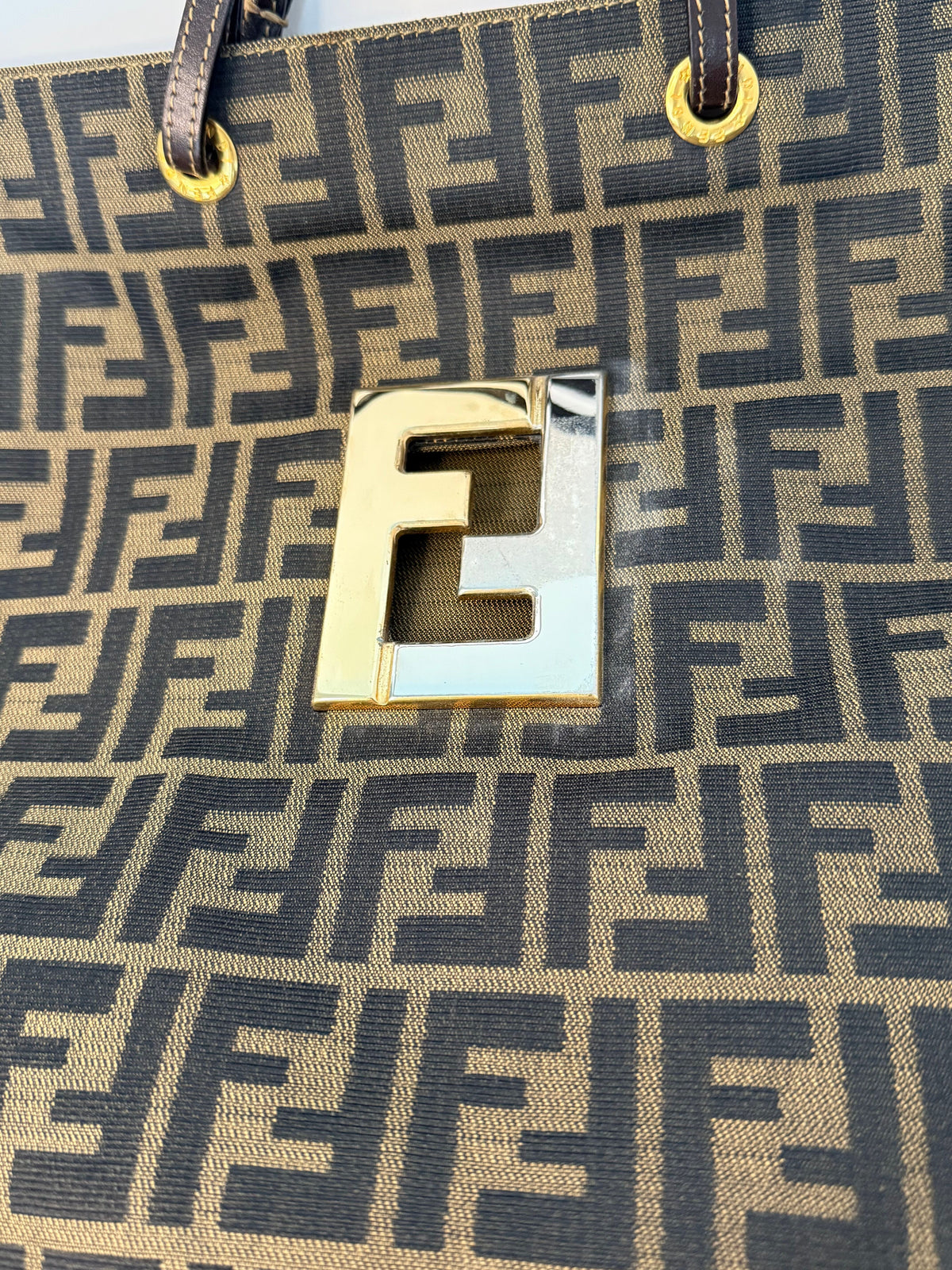 Fendi Canvas Logo FF Mixed Metal Cutout Shopper Bag