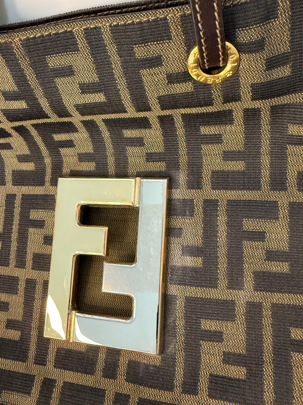 Fendi Canvas Logo FF Mixed Metal Cutout Shopper Bag