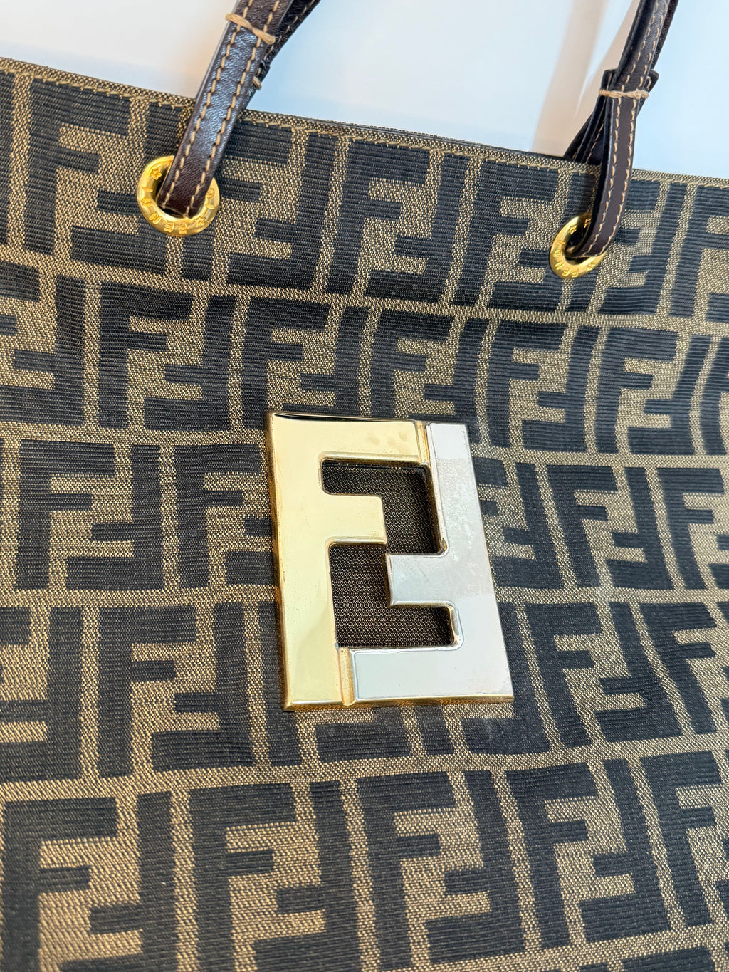 Fendi Canvas Logo FF Mixed Metal Cutout Shopper Bag