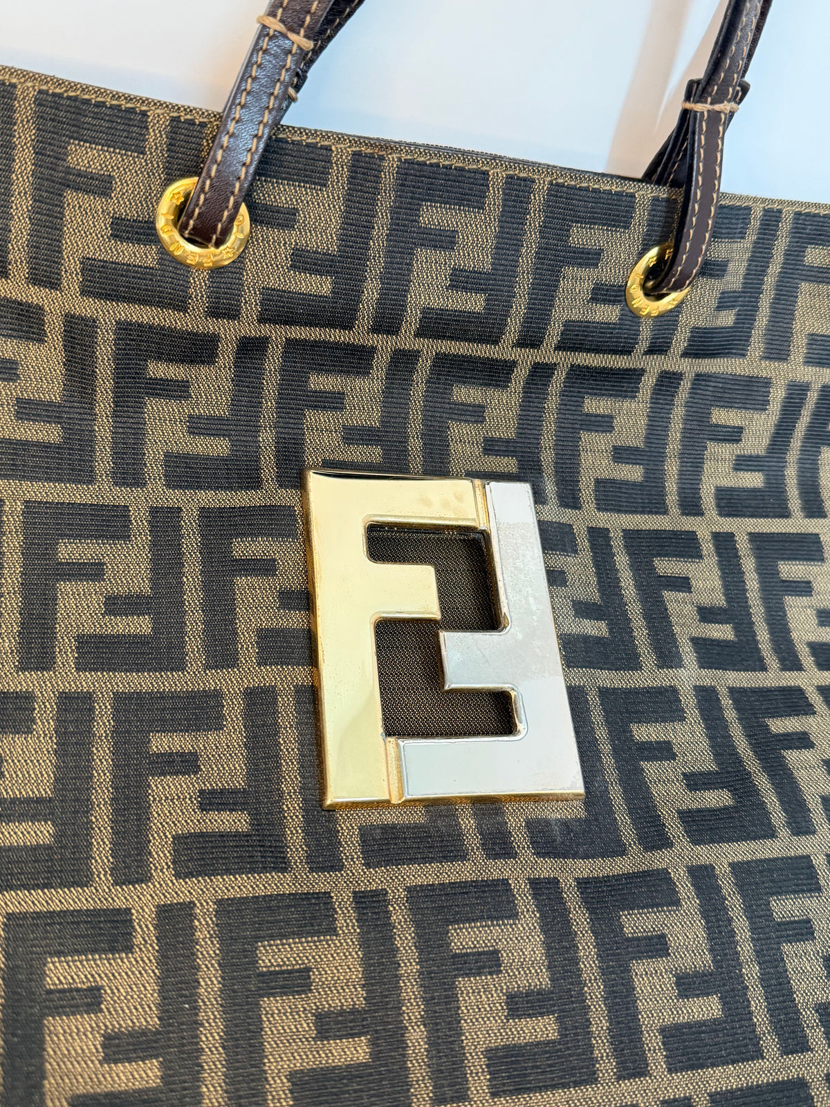 Fendi Canvas Logo FF Mixed Metal Cutout Shopper Bag