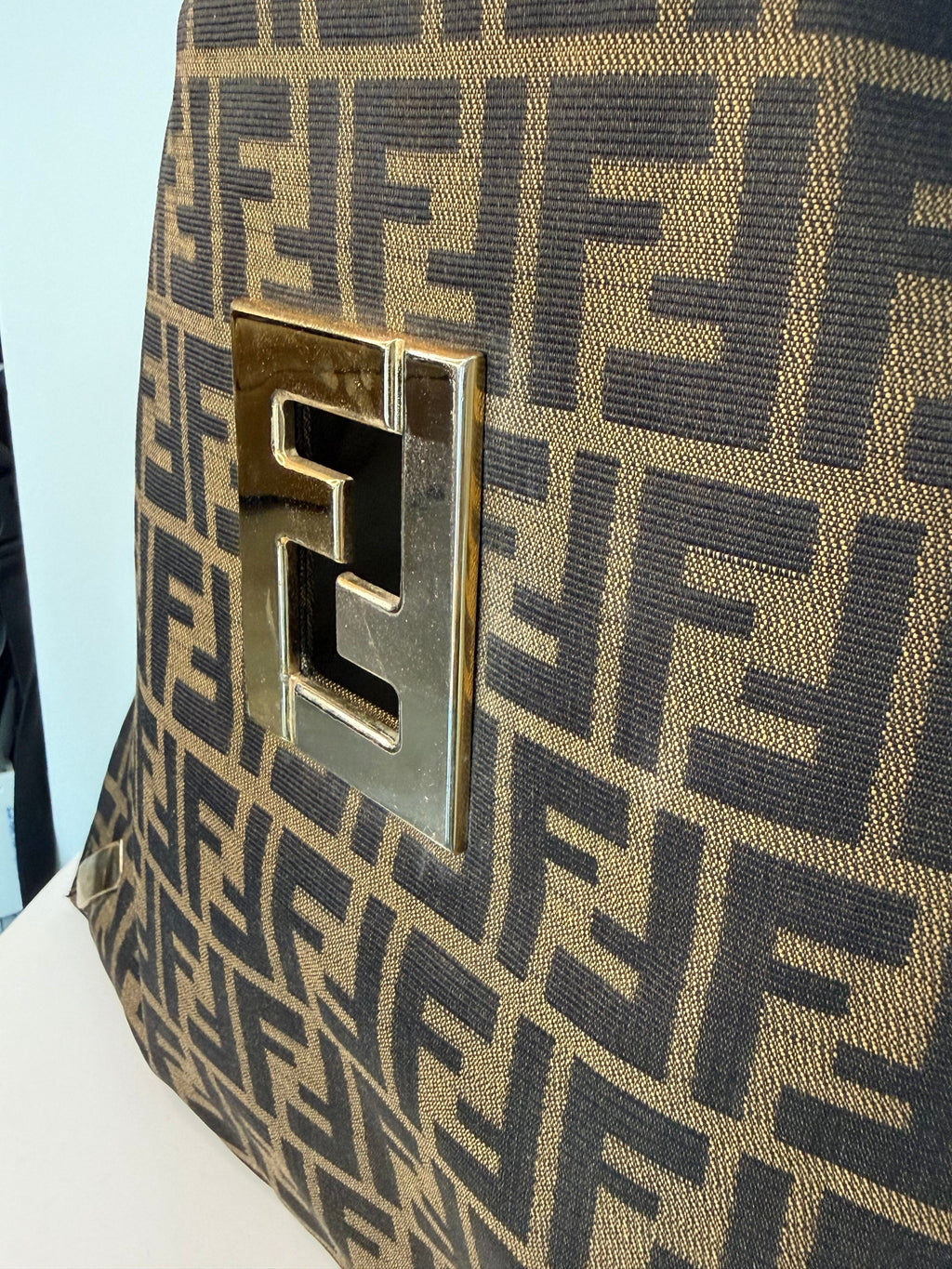 Fendi Canvas Logo FF Mixed Metal Cutout Shopper Bag
