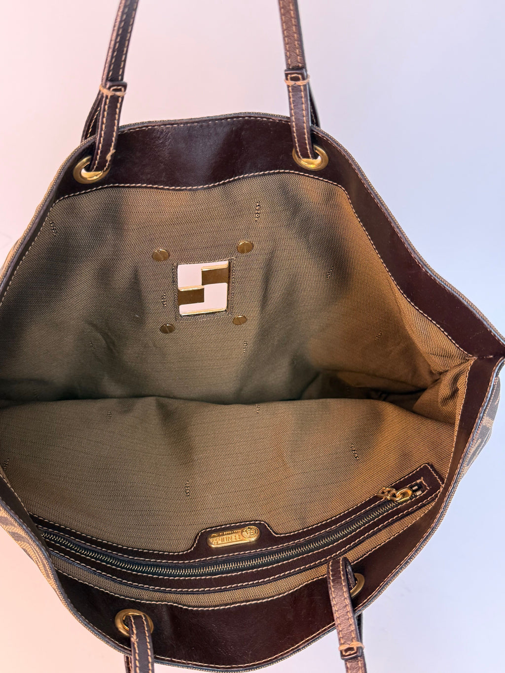 Fendi Canvas Logo FF Mixed Metal Cutout Shopper Bag