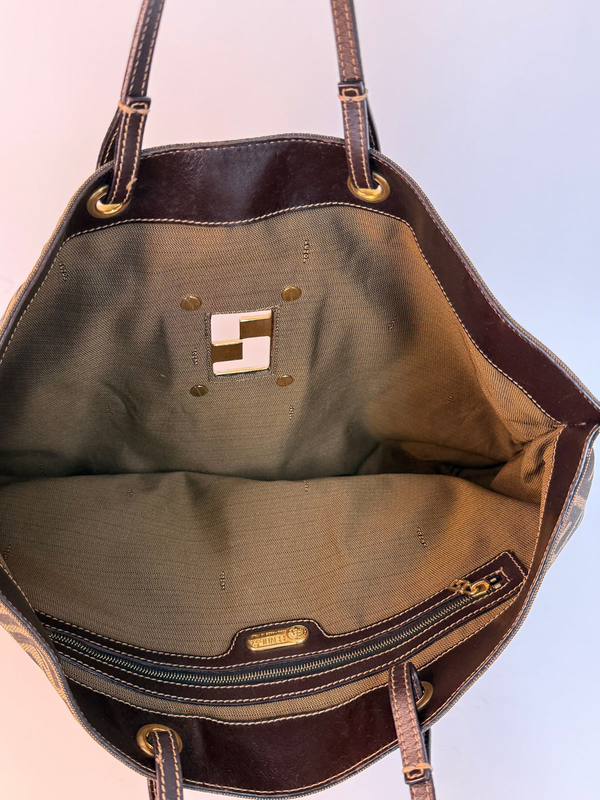 Fendi Canvas Logo FF Mixed Metal Cutout Shopper Bag